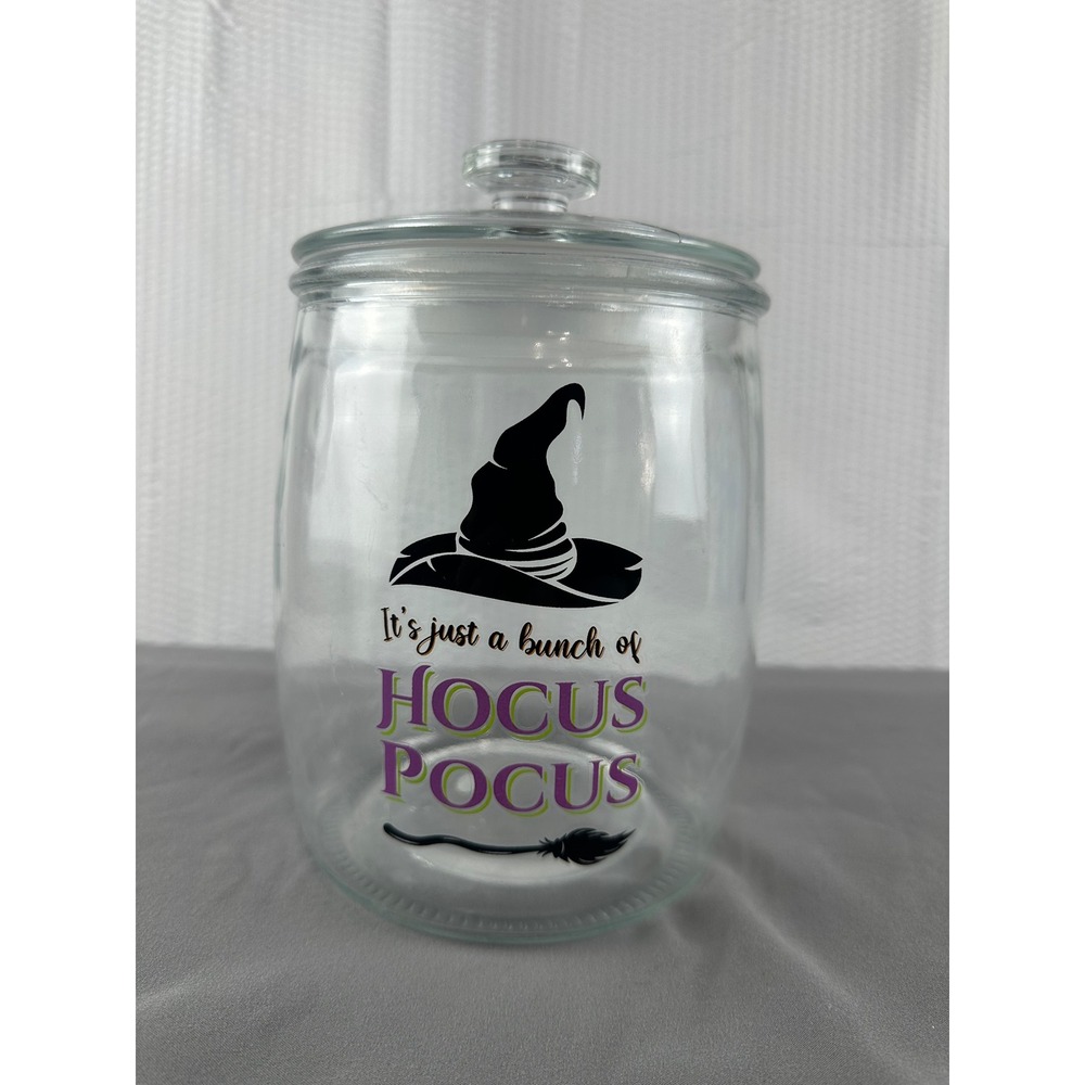 IT'S JUST A BUNCH OF HOCUS POCUS GLASS JAR CANISTER HALLOWEEN WITCH HAT NEW